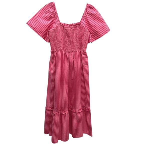Draper James Deana Smocked Stripe Poplin Midi Dress Medium Pink Modest Milkmaid - Picture 2 of 13